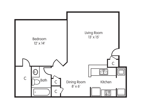 Floor plan for 1 bed, 1 bath, 661 sqft